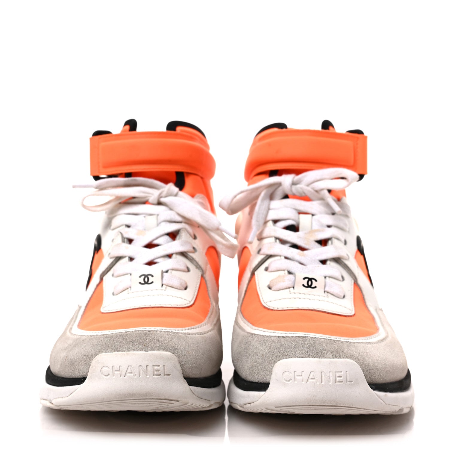 Chanel Suede Calfskin Lambskin Neoprene High Top CC Sneakers 37 White Fluo Orange 2 of 8