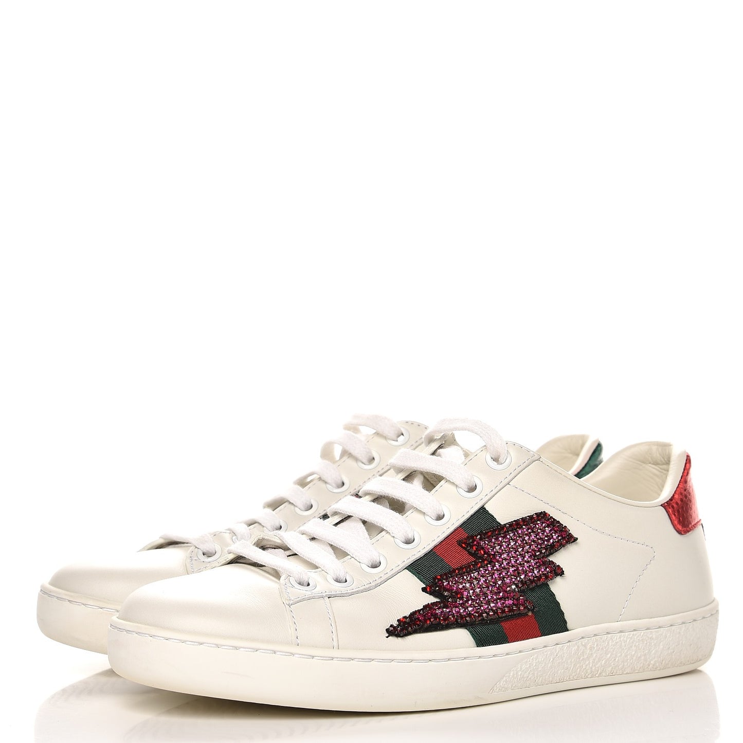 Calfskin Web Studded Lightning Ace Sneakers 36 White