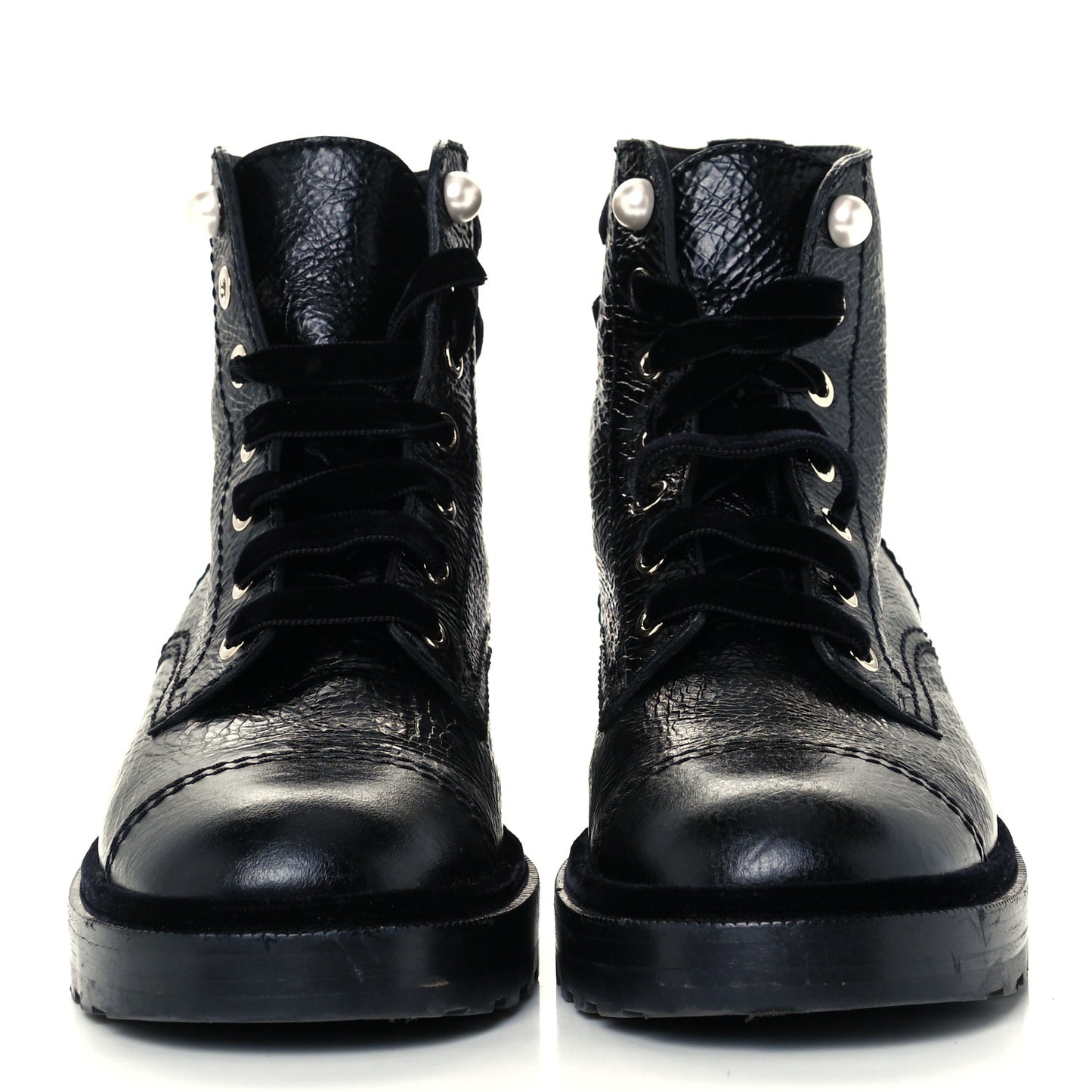 Shiny Calfskin Velvet Pearl Combat Short Boots 39 Black
