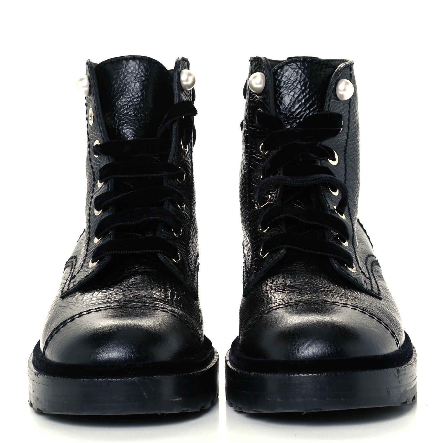 Chanel Shiny Calfskin Velvet Pearl Combat Short Boots 39 Black 3 of 10