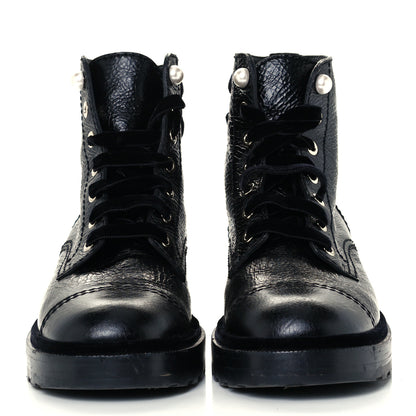 Chanel Shiny Calfskin Velvet Pearl Combat Short Boots 39 Black 3 of 10