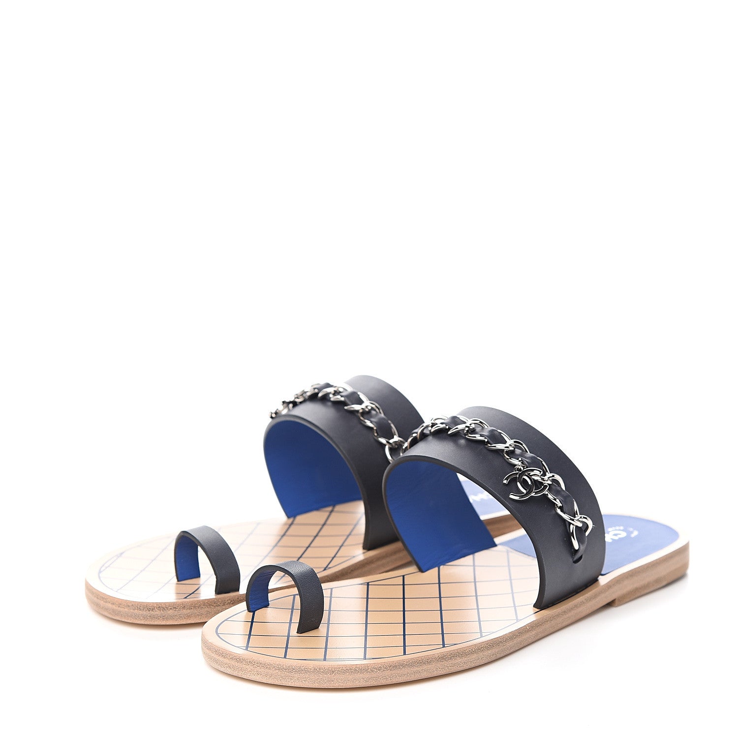 Chanel Calfskin Chain CC Logo Toe Ring Sandals 37.5 Black 3 of 9