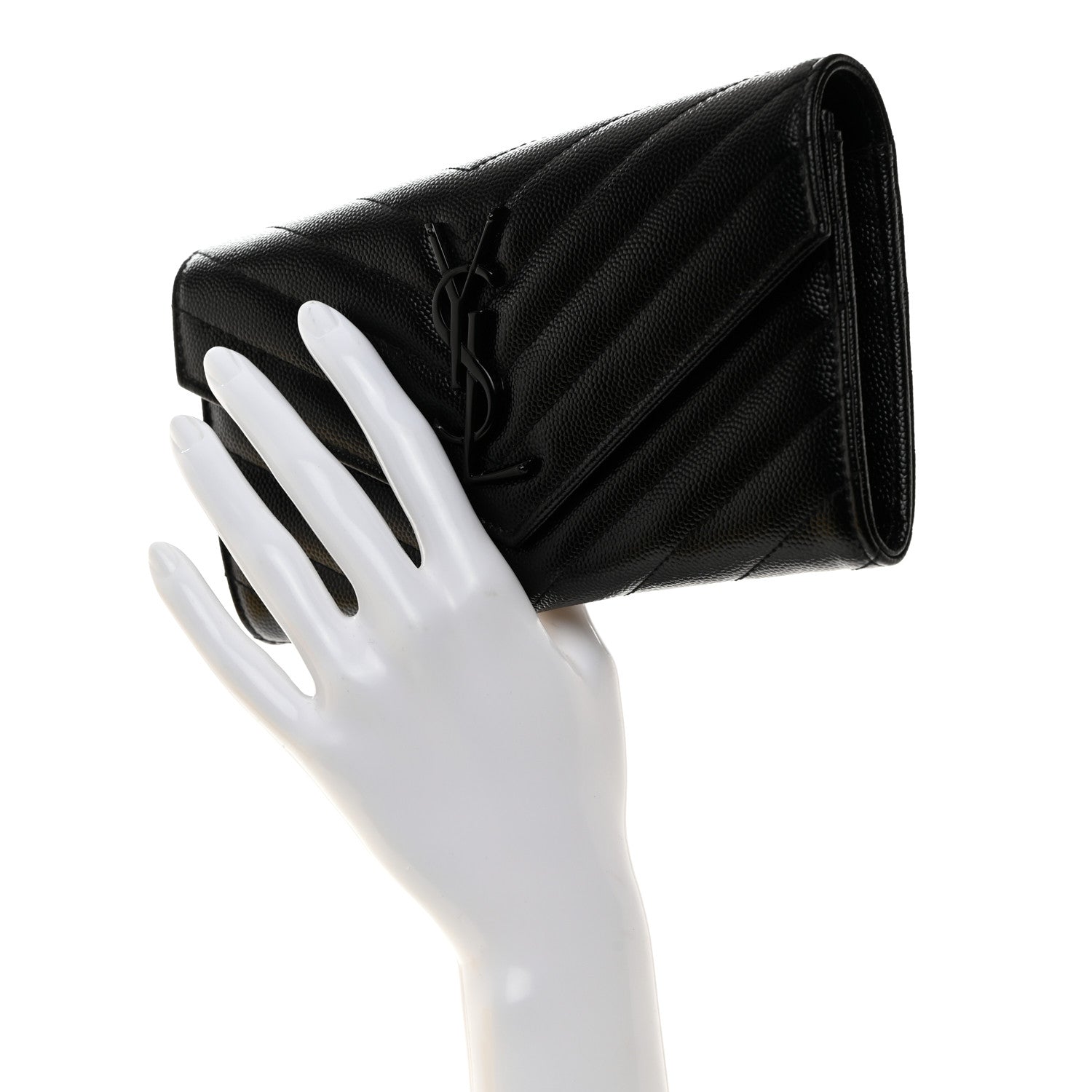 Saint Laurent Grain De Poudre Matelasse Chevron Monogram Flap Wallet Black 2 of 8