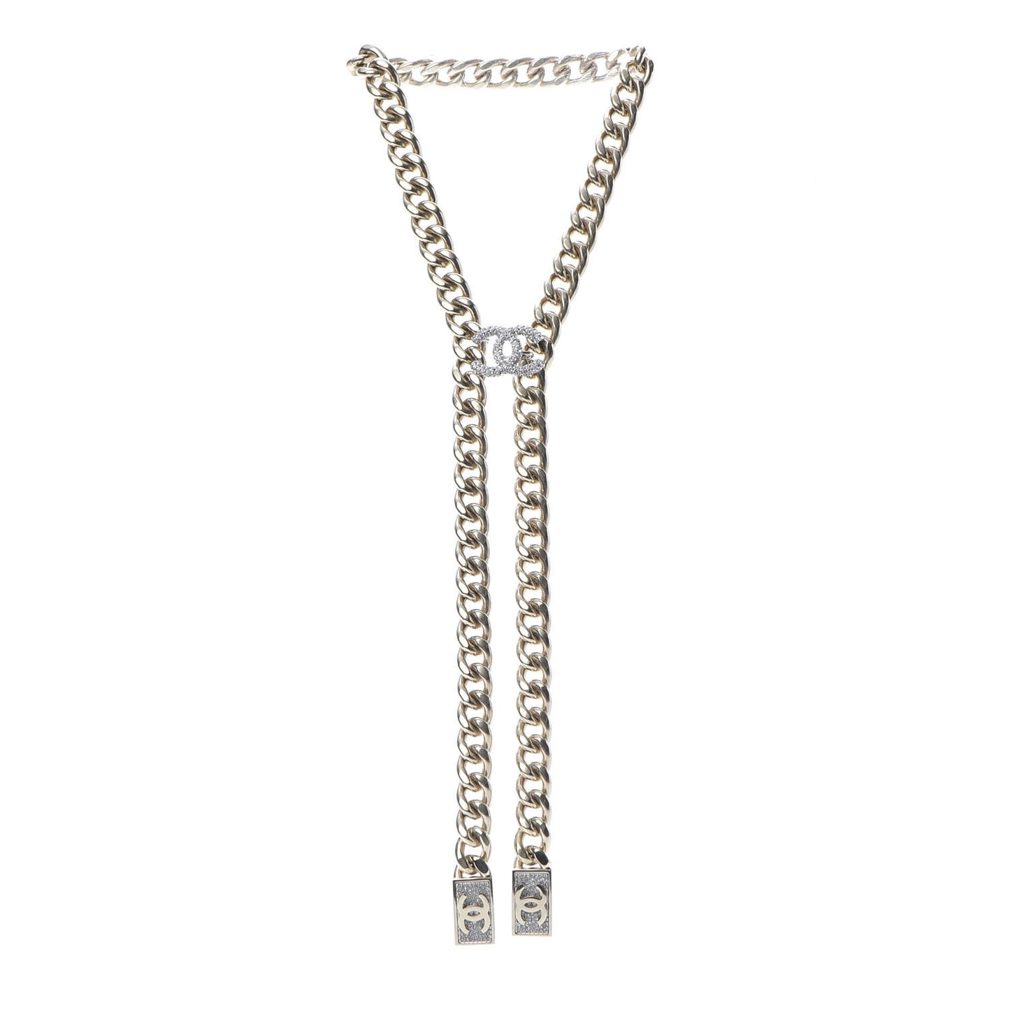Chain Link Crystal CC Dog Tag Charm Necklace Gold