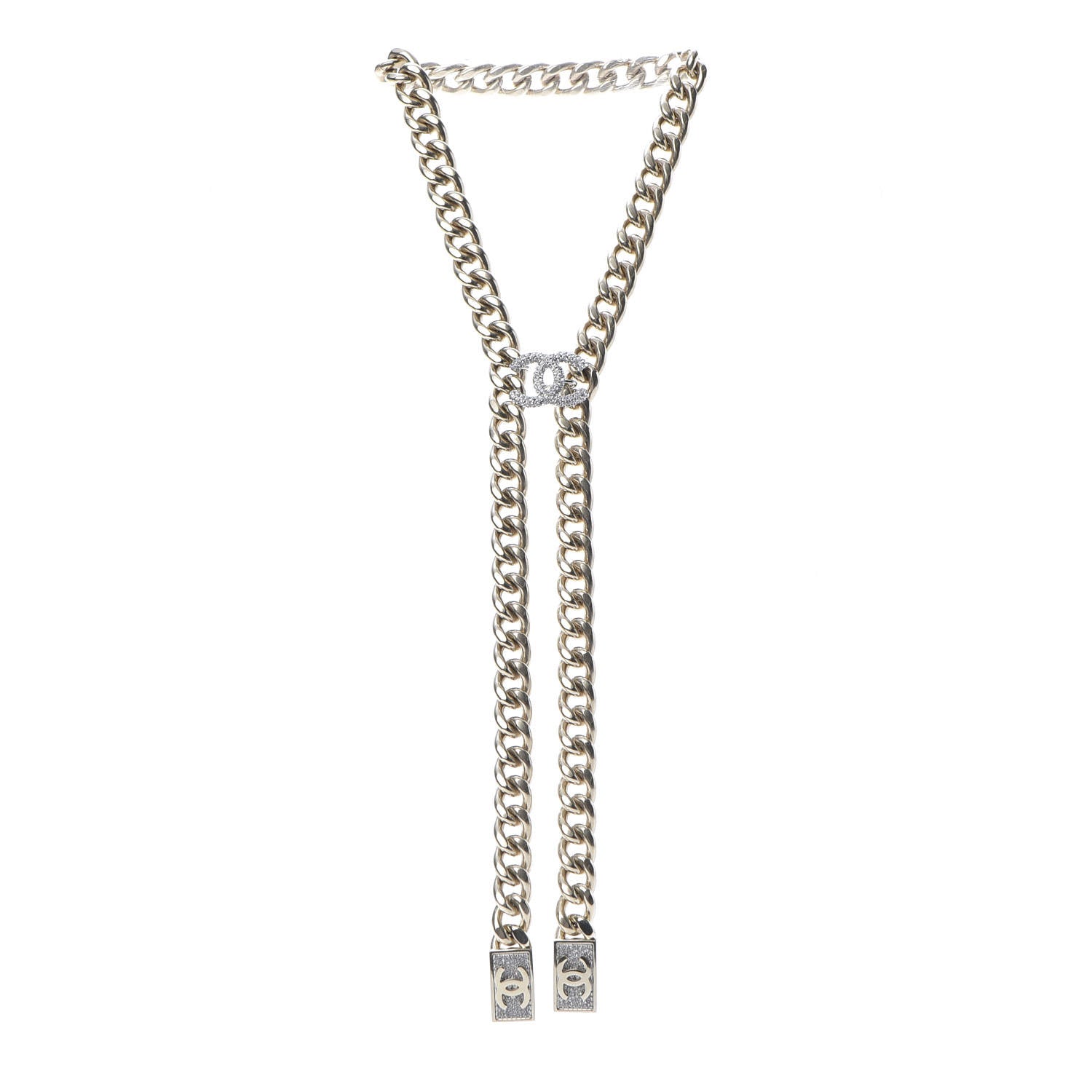 Chanel Chain Link Crystal CC Dog Tag Charm Necklace Gold 3 of 5