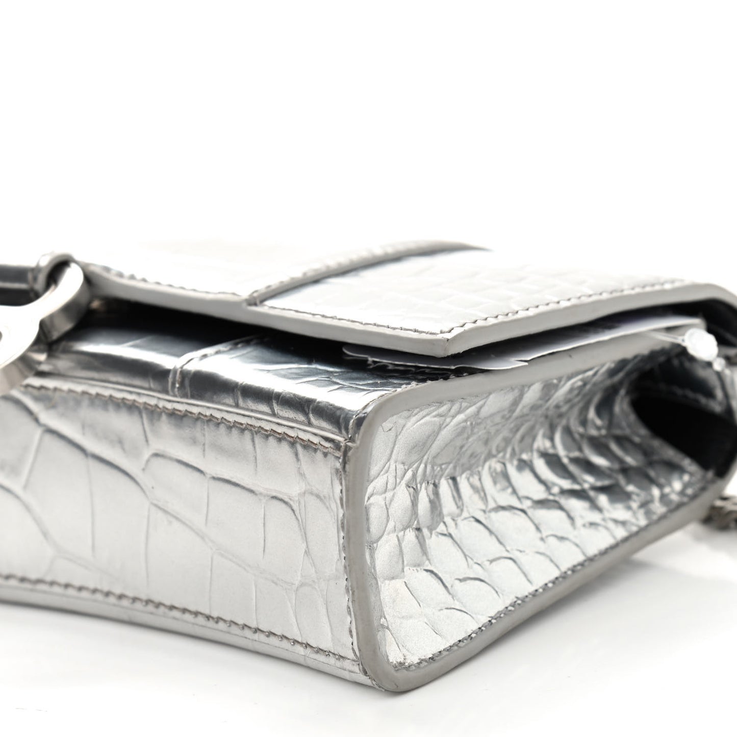 Metallic Calfskin Crocodile Embossed Hourglass Chain Bag Silver