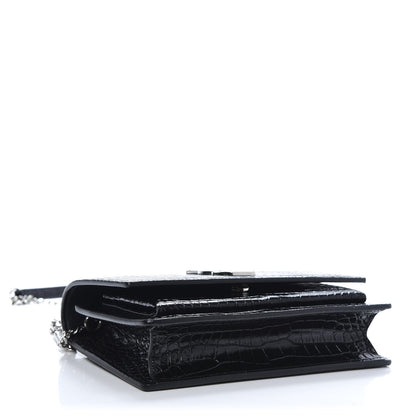 Saint Laurent Calfskin Crocodile Embossed Monogram Sunset Top Handle Chain Wallet Black 4 of 12