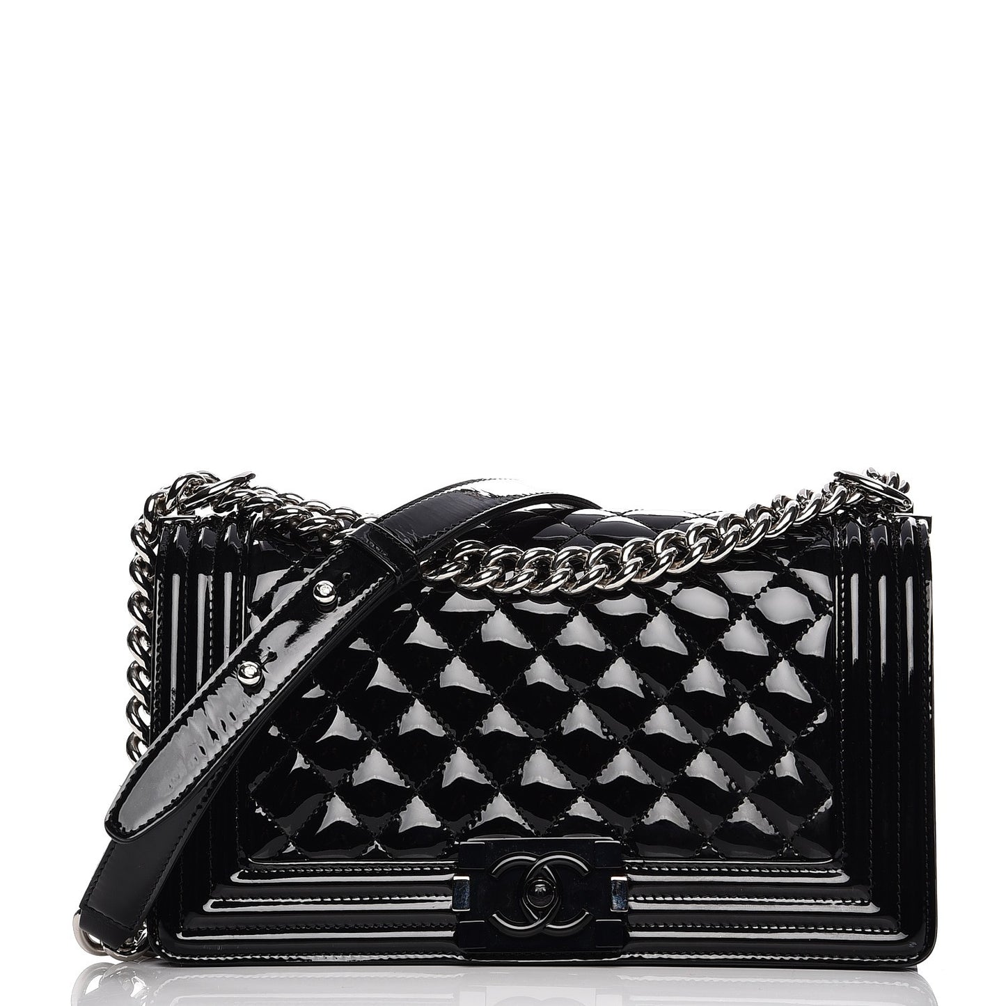 Patent Calfskin Quilted Medium Plexiglass Boy Flap Black
