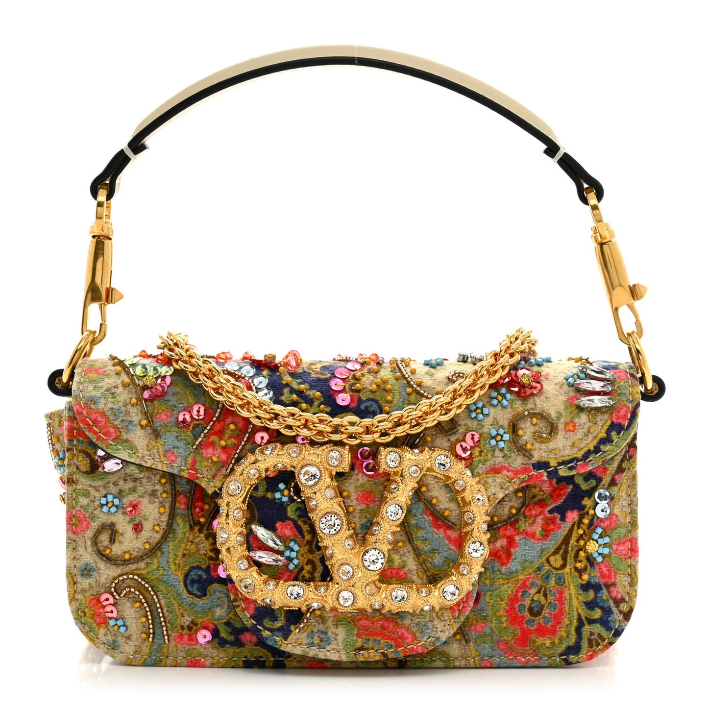 Fabric Beaded Crystal Embroidered Paisley Vlogo Small Loco Shoulder Bag Butter White Multicolor