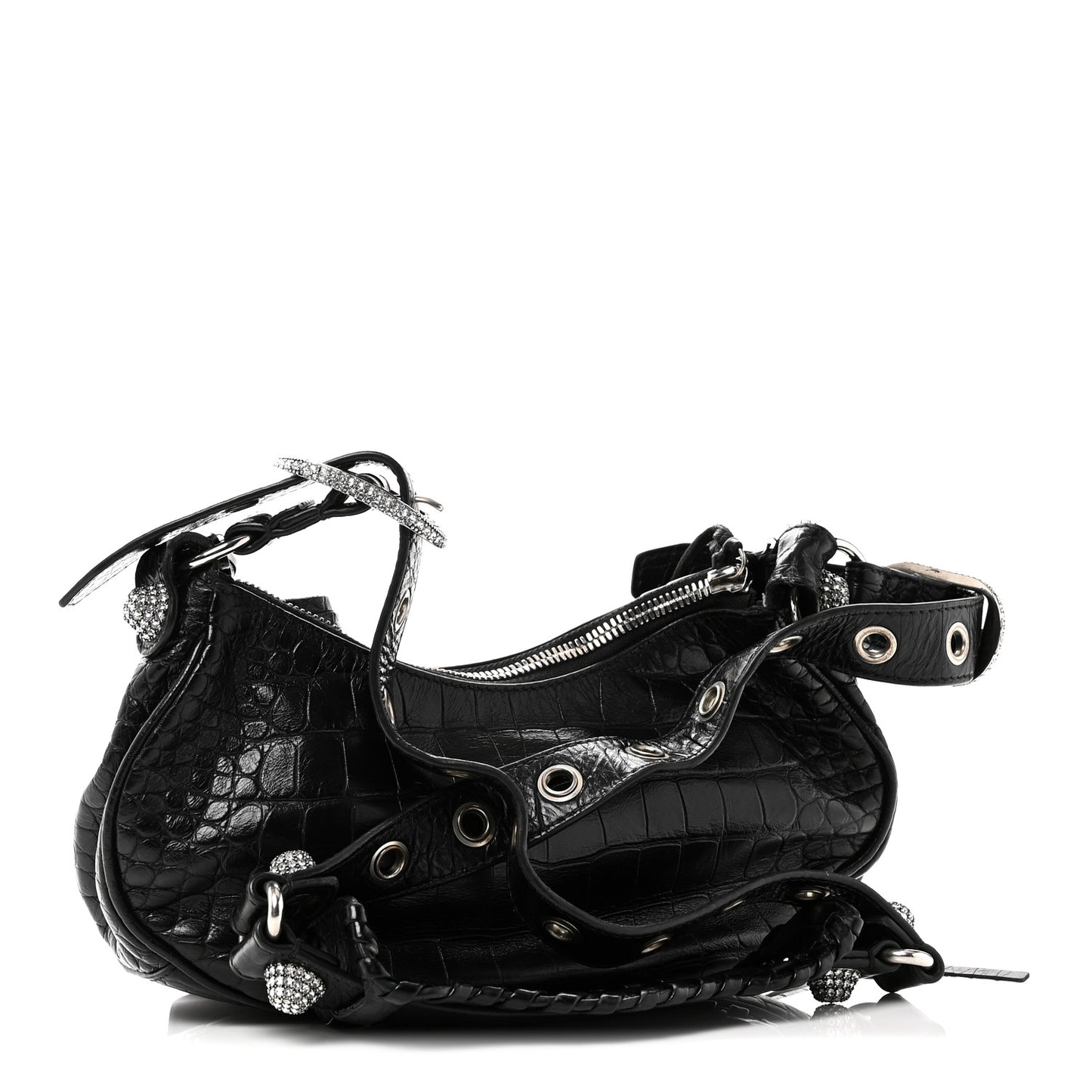 Extra Supple Calfskin Crystal Crocodile Embossed Le Cagole Shoulder Bag XS Black