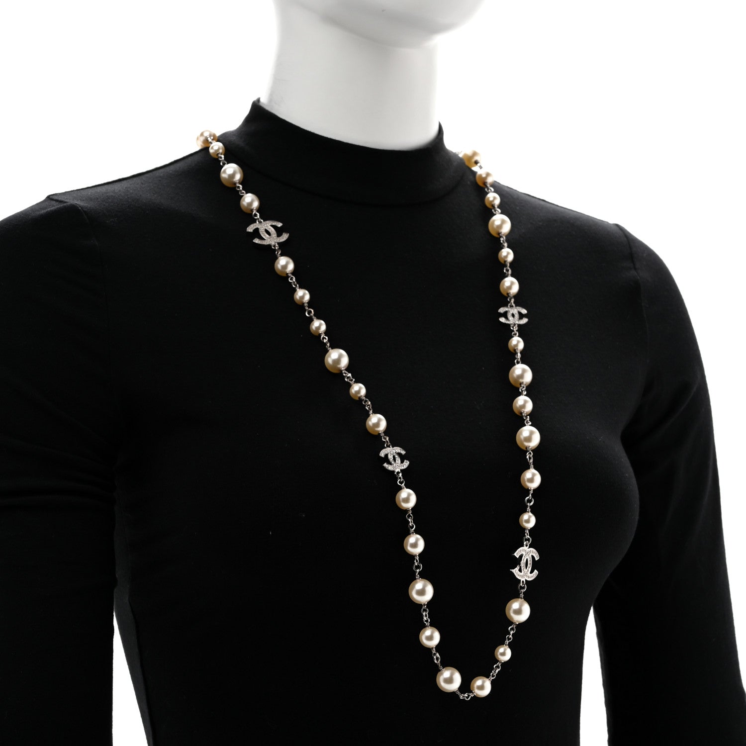 Chanel Graduated Pearl Crystal CC Long Necklace Silver 2 of 8