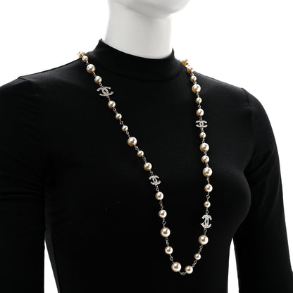 Chanel Graduated Pearl Crystal CC Long Necklace Silver 2 of 8