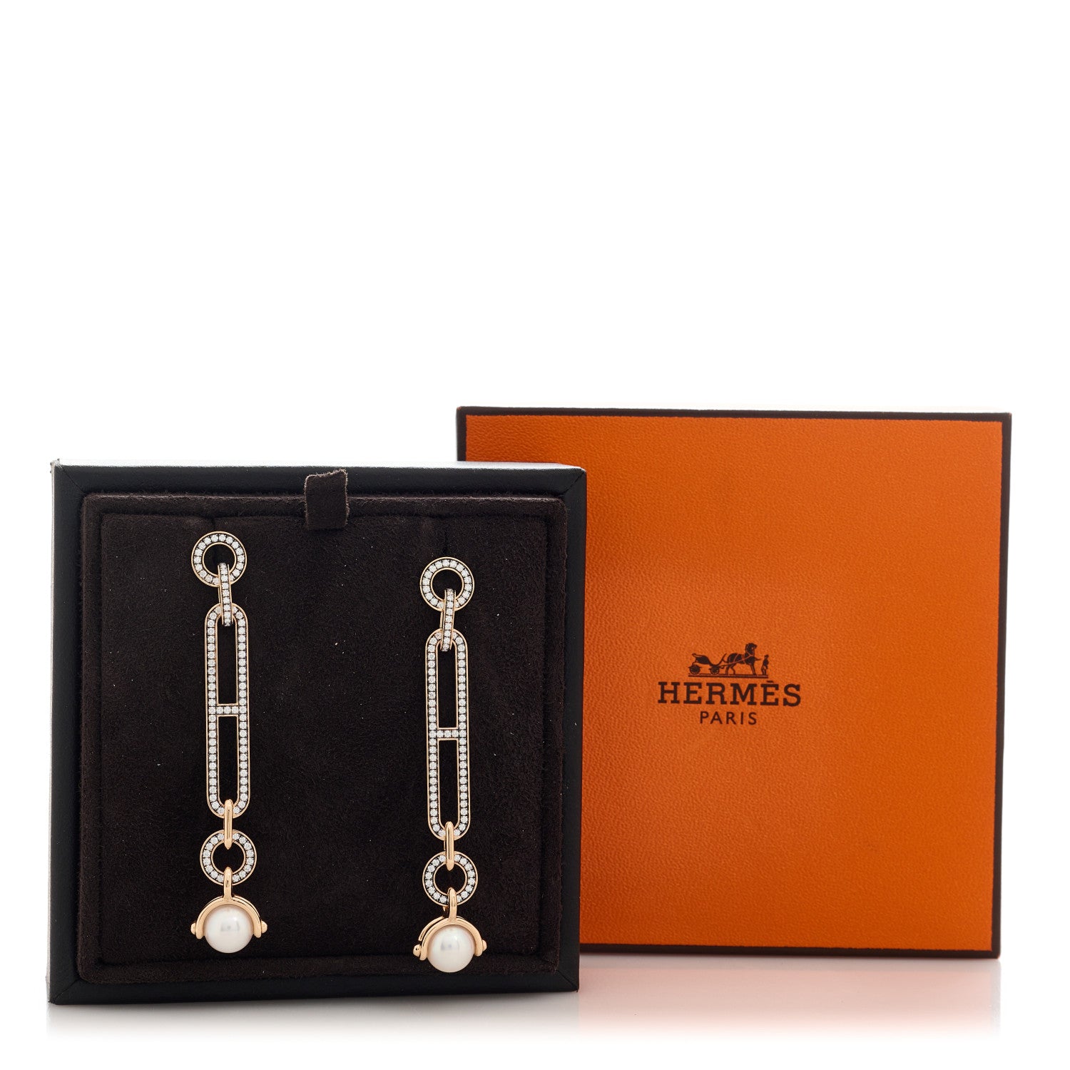 Hermes 18K Rose Gold Diamond Pearl PM Chandra Drop Earrings 5 of 5