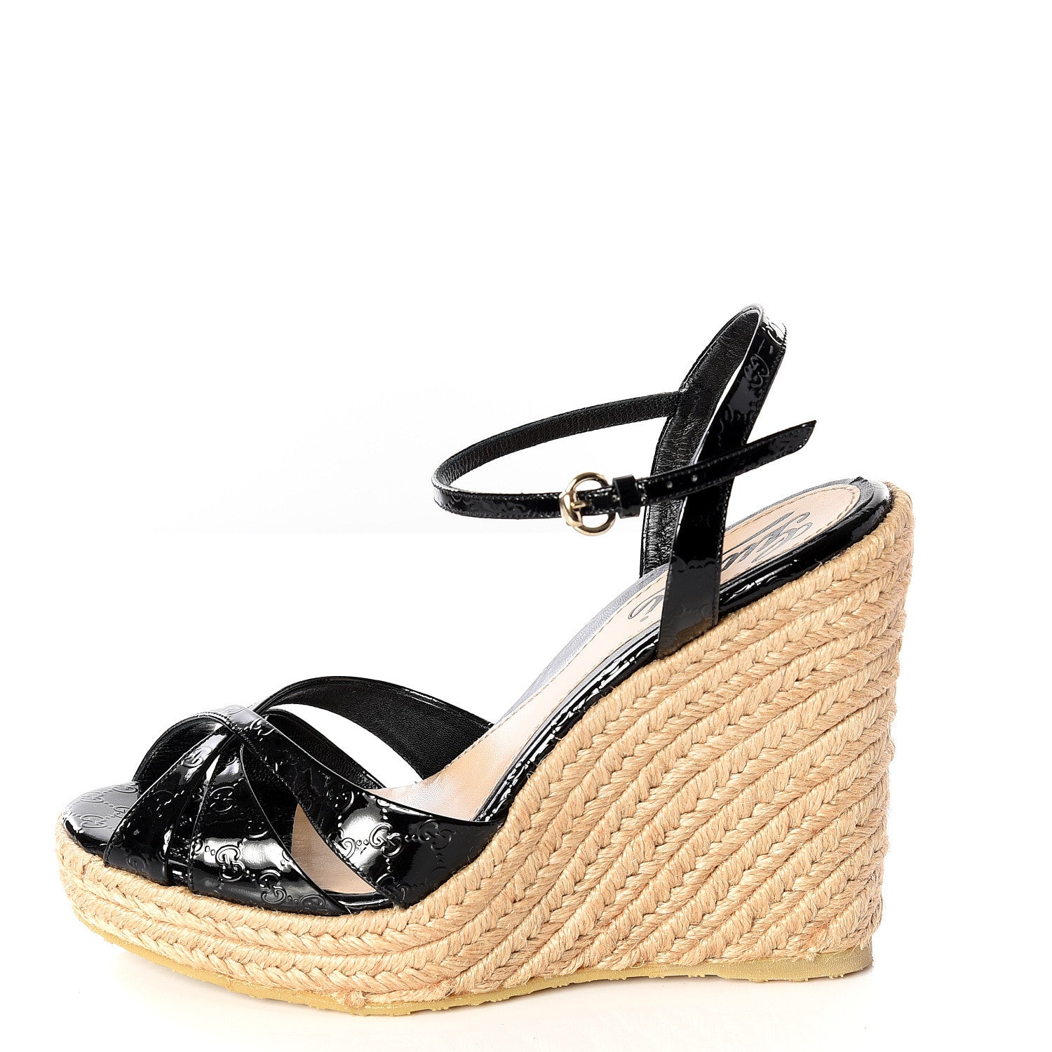 Gucci Patent Microguccissima Penelope Espadrille Wedge Sandals 35 Black 1 of 12