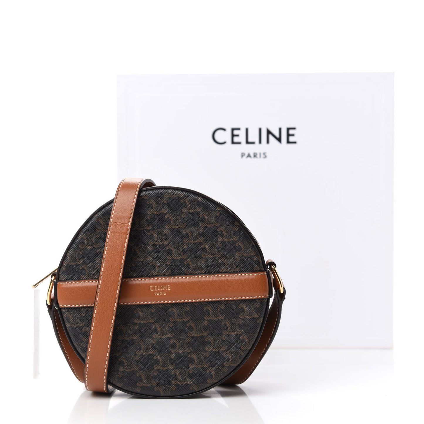 Lambskin Triomphe Canvas Round Purse On Strap Black Tan