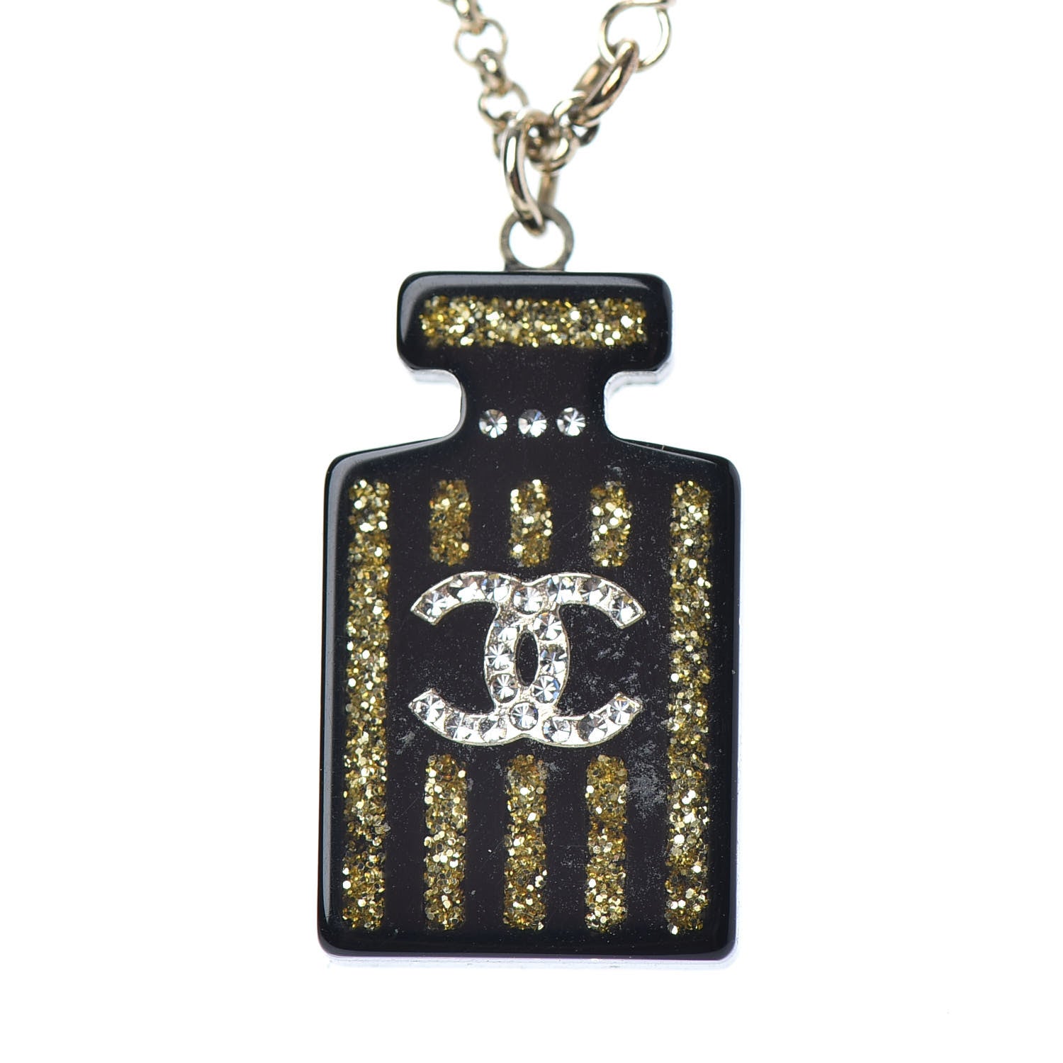 Chanel Resin Strass Perfume Bottle CC Necklace Black Gold 4 of 5