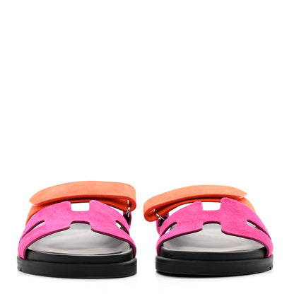 Hermes Suede Goatskin Womens Chypre Sandals 37 Rose Chapas Orange Synthetique 2 of 9