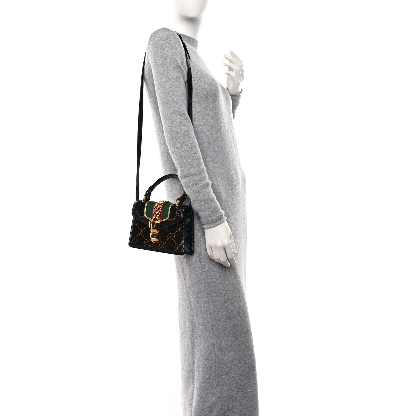 Velvet GG Monogram Web Mini Sylvie Top Handle Bag Brown Black Oro Vecchio