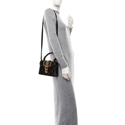 Gucci Velvet GG Monogram Web Mini Sylvie Top Handle Bag Brown Black Oro Vecchio 2 of 11