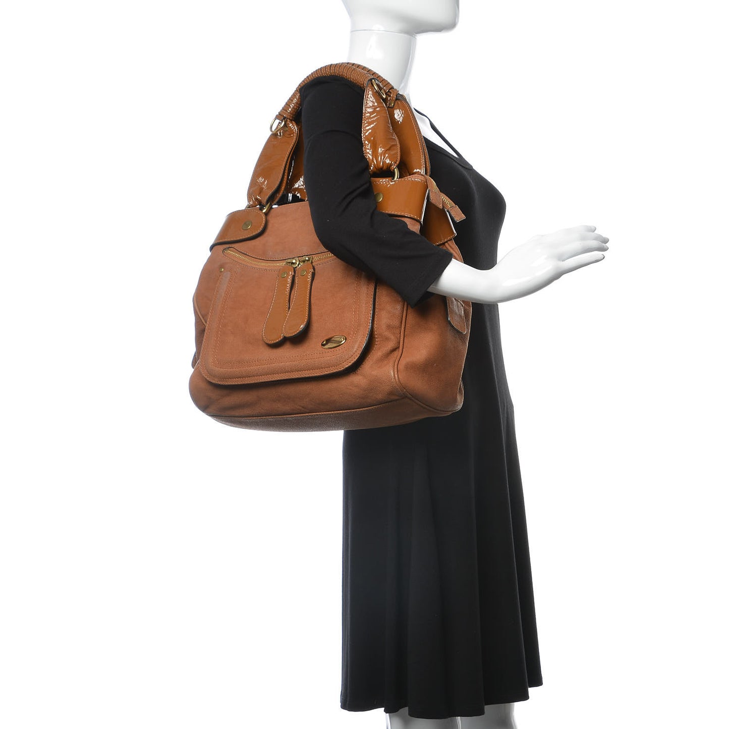 Suede Patent Bay Tote Brown