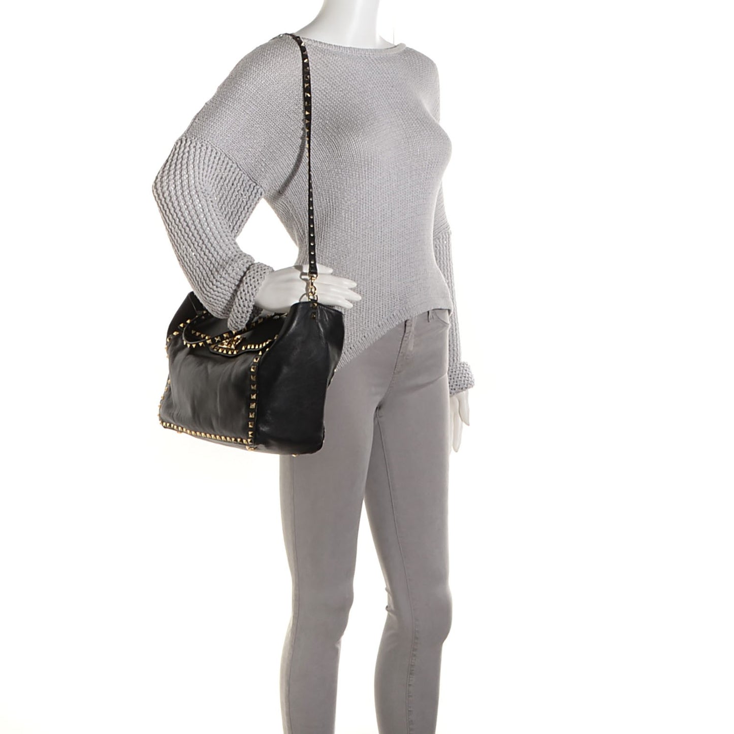 Vitello Rockstud Single Handle Flap Tote Black