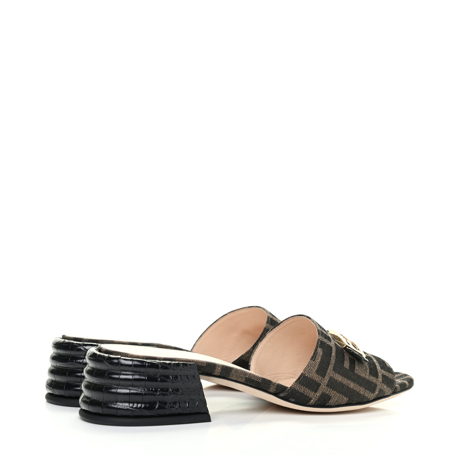 Jacquard Calfskin FF Crocodile Embossed Promenade Slide Sandals 37 Tobacco Moro Black