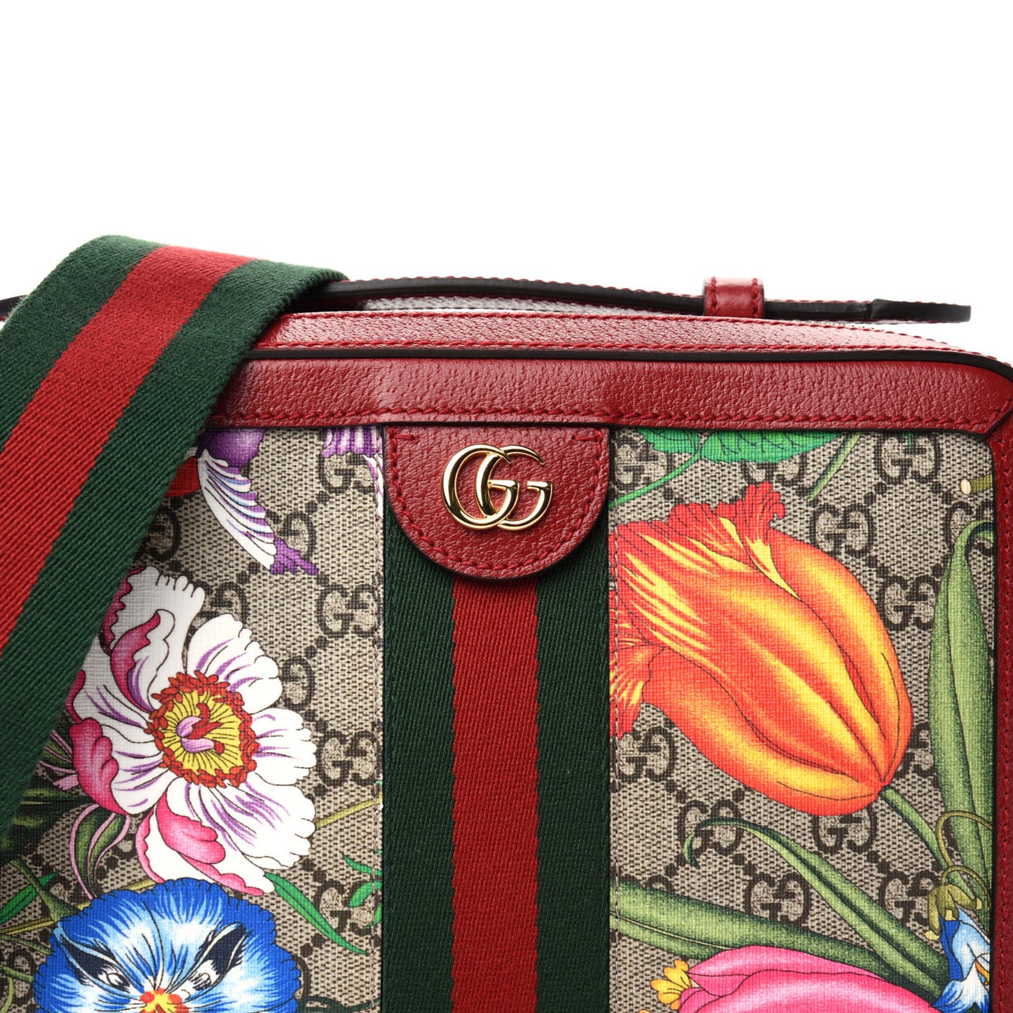 GG Supreme Monogram Flora Web Small Ophidia Top Handle Shoulder Bag Hibiscus Red