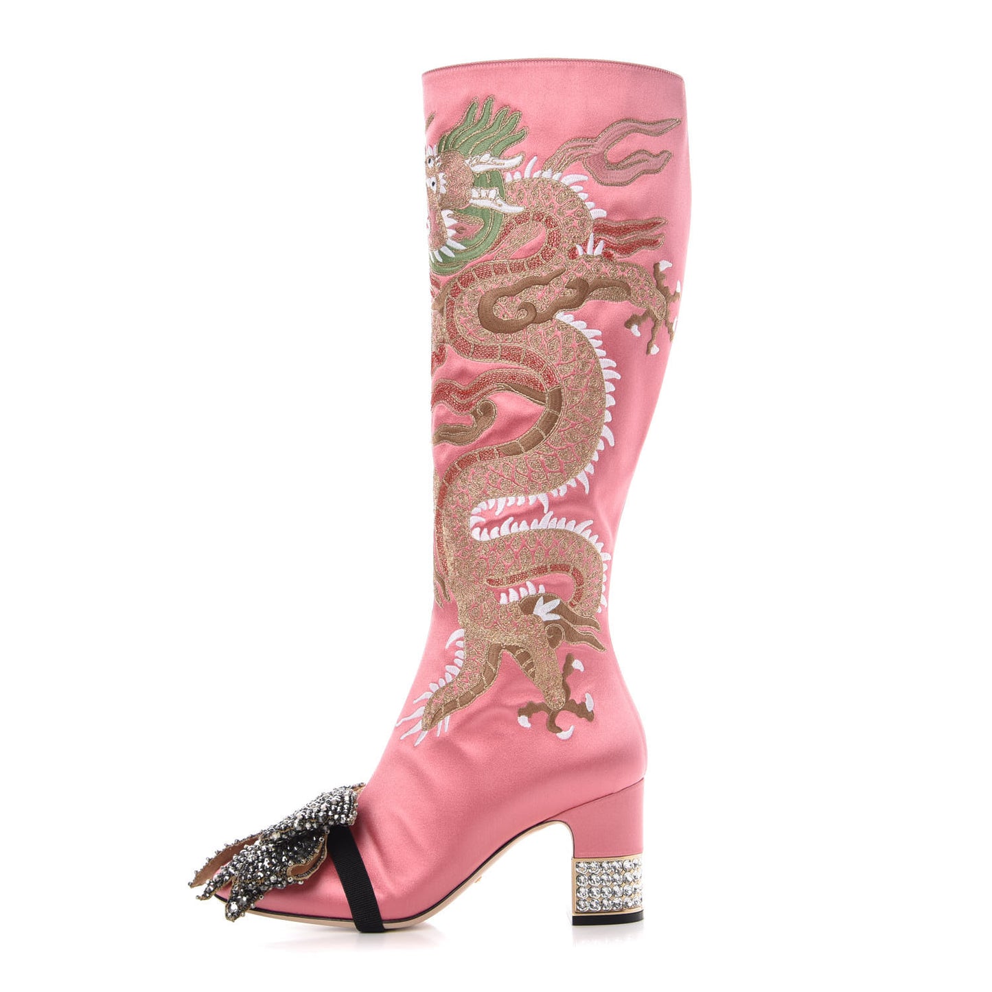 Silk Satin Malaga Kid Embroidered Candy Dragon Block-Heel Knee Boot 38 Glossy Pink