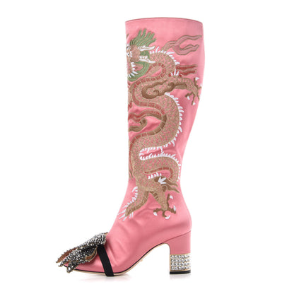 Gucci Silk Satin Malaga Kid Embroidered Candy Dragon Block-Heel Knee Boot 38 Glossy Pink 1 of 12