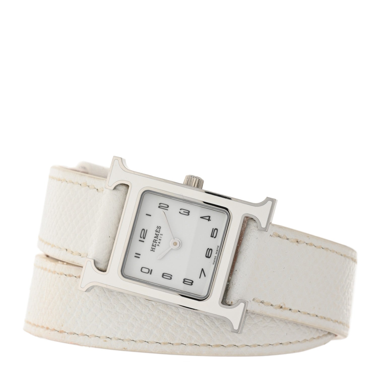 Hermes Stainless Steel Epsom Lacquer 21mm Heure H Hour Double Tour Quartz Watch Blanc 2 of 5