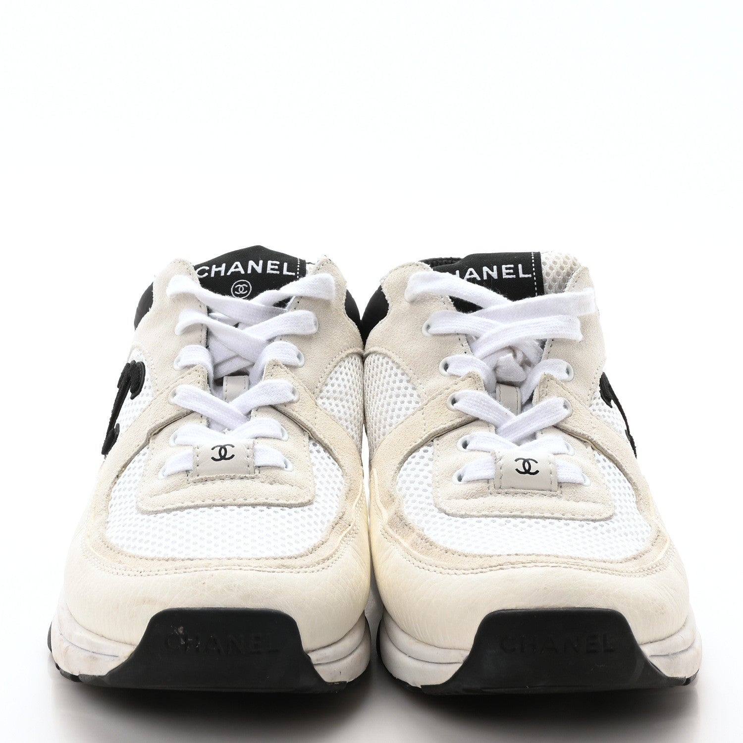 Chanel Mesh Suede Calfskin Grained Calfskin Womens CC Sneakers 39.5 White Black 3 of 8