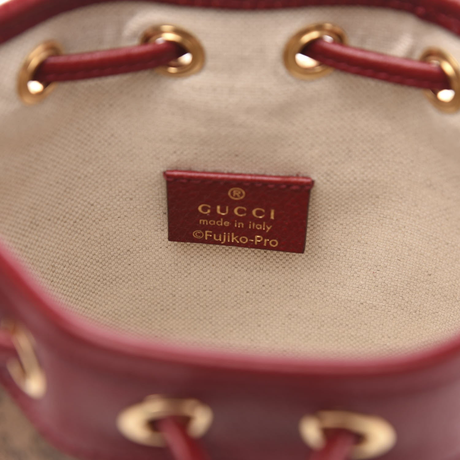Gucci X DORAEMON Mini Vintage GG Supreme Monogram Textured Dollar Calfskin Mini Bucket Bag Beige Ebony Multicolor New Cherry Red 6 of 12