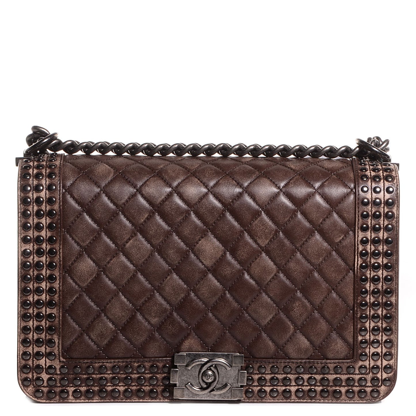 Faded Calfskin Studded Large Boy Flap Brown Beige