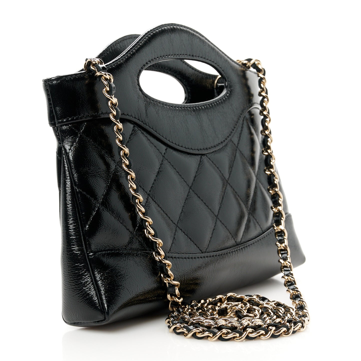 Shiny Crumpled Calfskin Quilted Nano 31 Shopping Bag Black