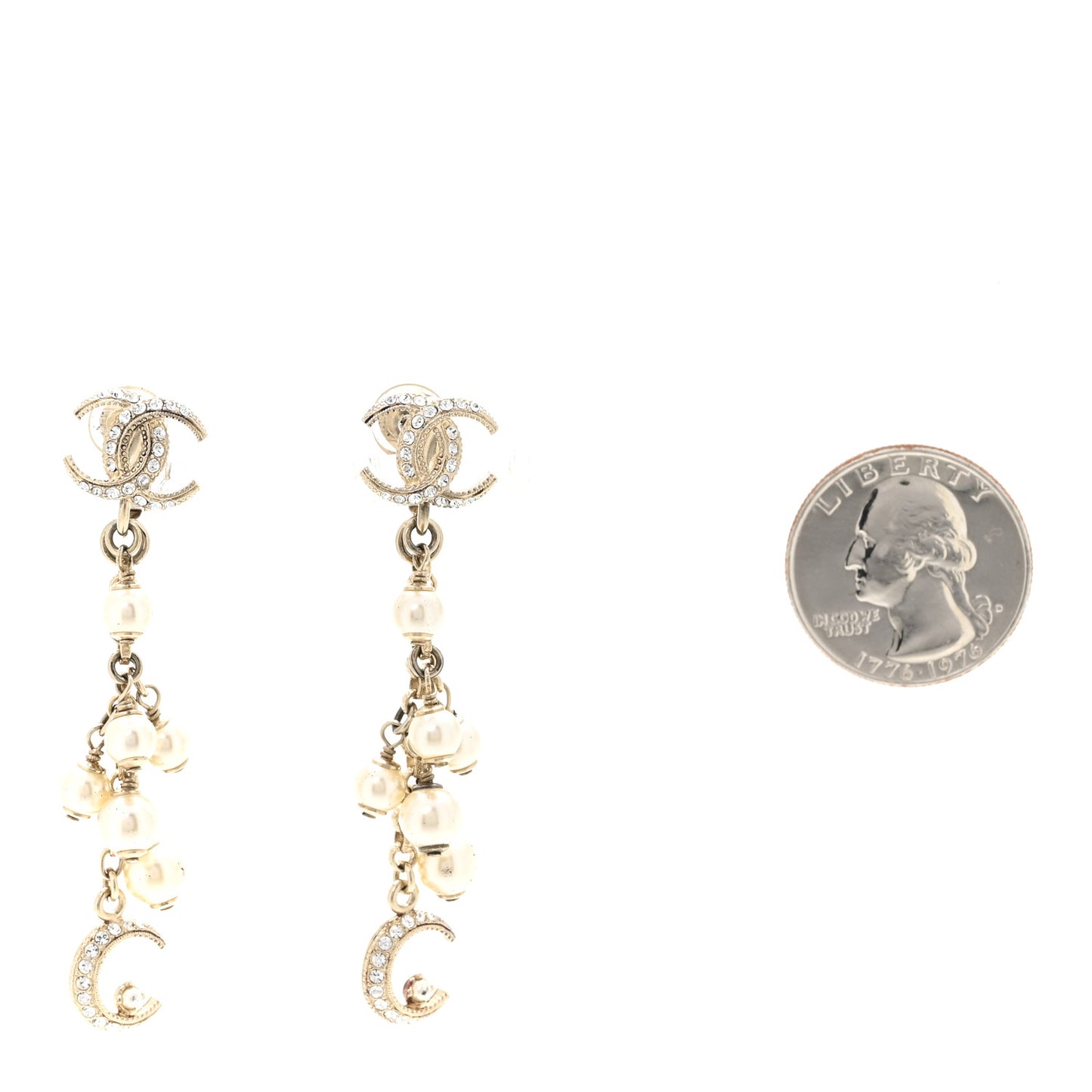 Metal Pearl CC Moon Clip On Earrings Gold
