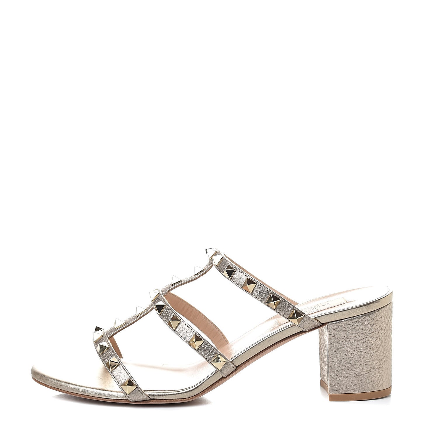 Metallic Pebbled Calfskin Rockstud 60mm Caged Slide Sandals 40 Skin