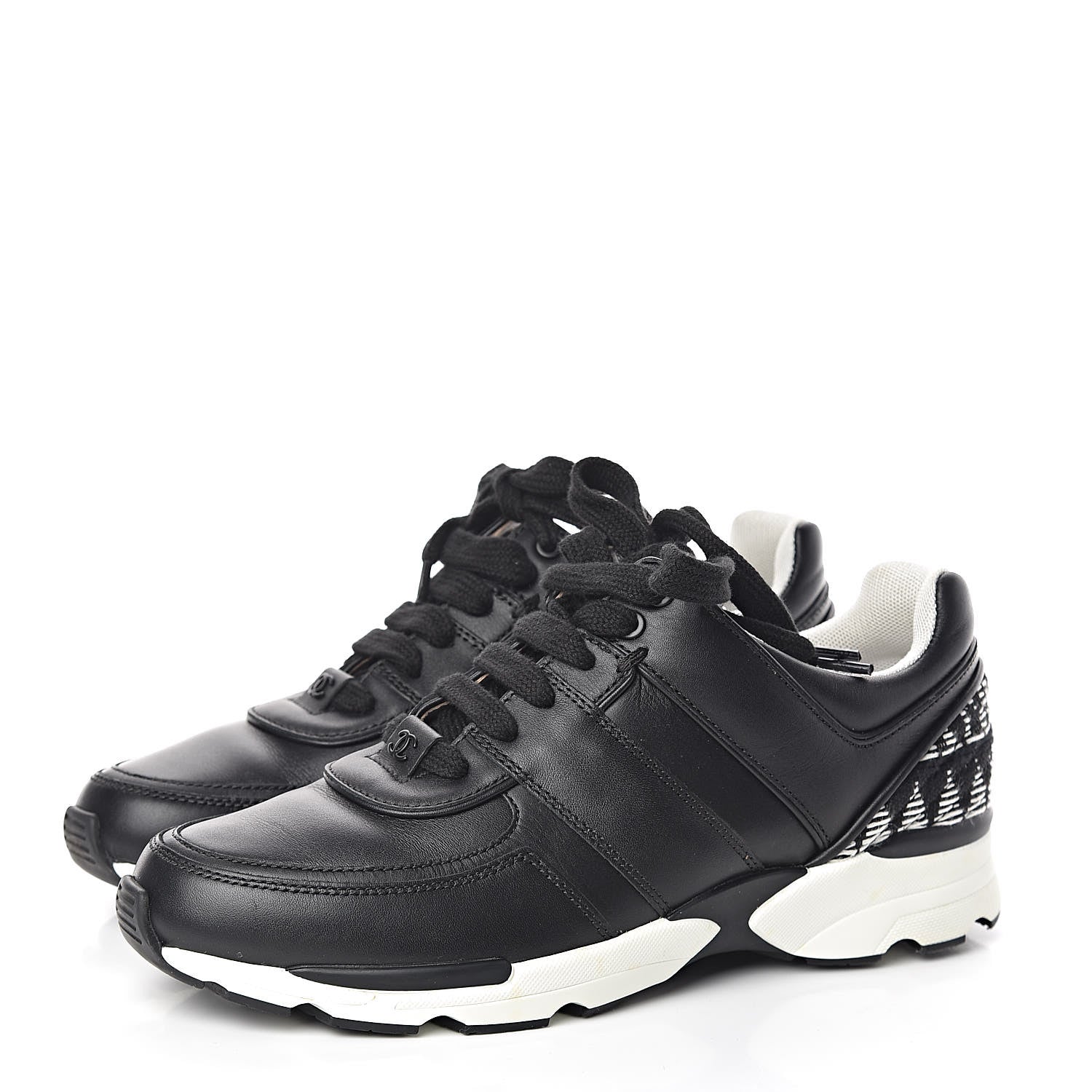 Chanel Calfskin Tweed CC Sneakers 37 Black White 3 of 8