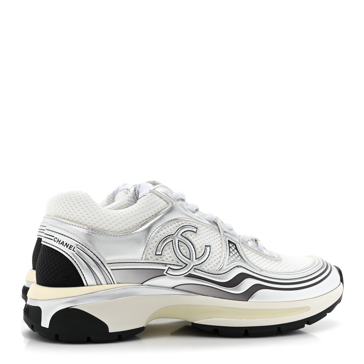 Chanel Fabric Laminated Calfskin Stretch CC Womens Sneakers 38.5 White Silver 5 of 10