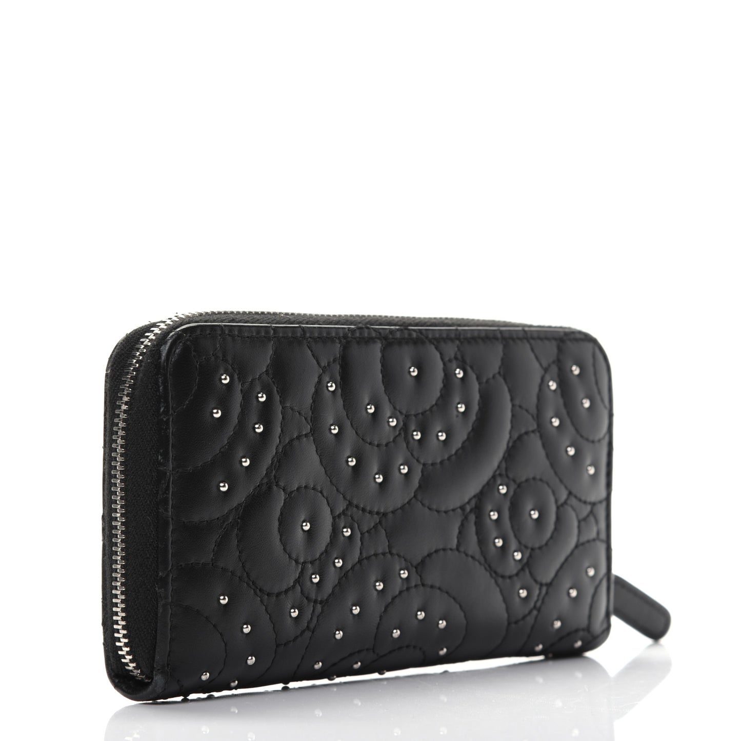 Lambskin Camellia Studded Large Gusset Zip Around Wallet Black