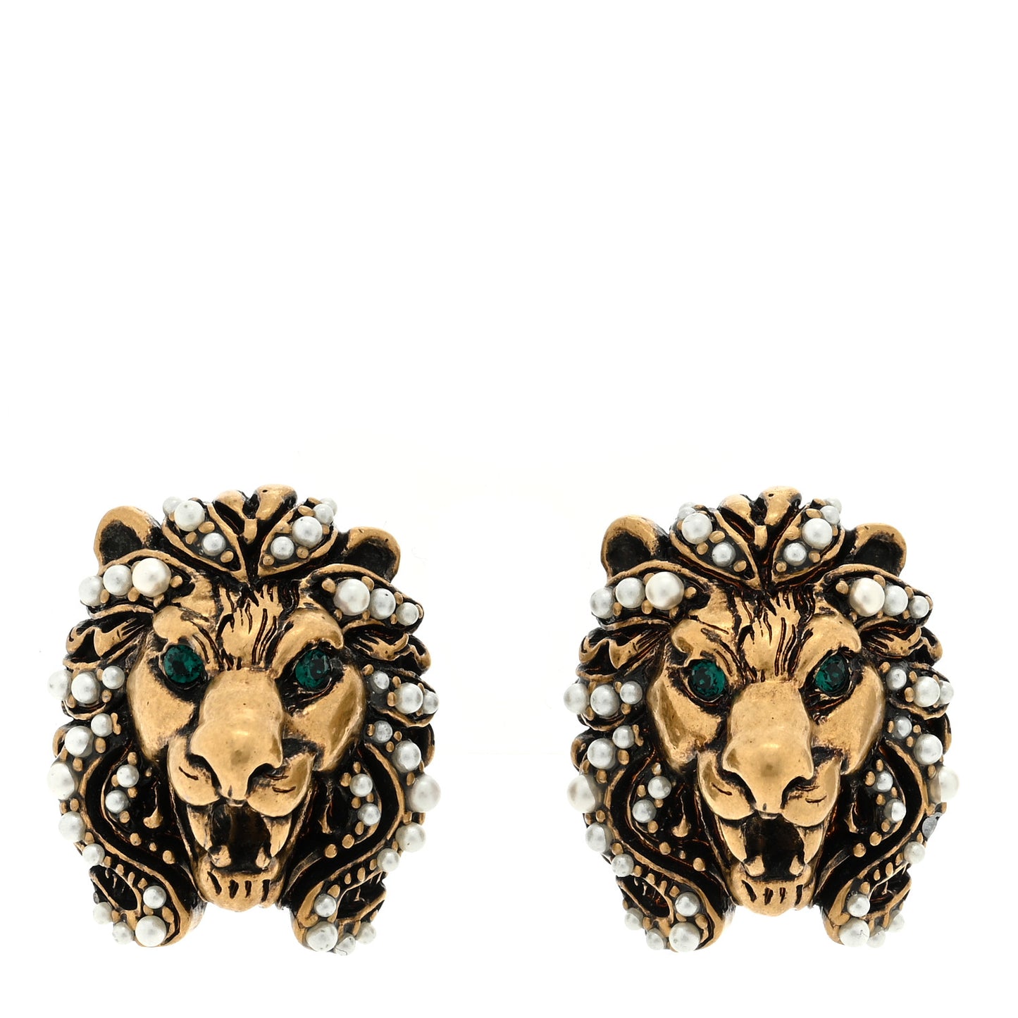 Metal Crystal Lion Clip On Earrings Aged Gold