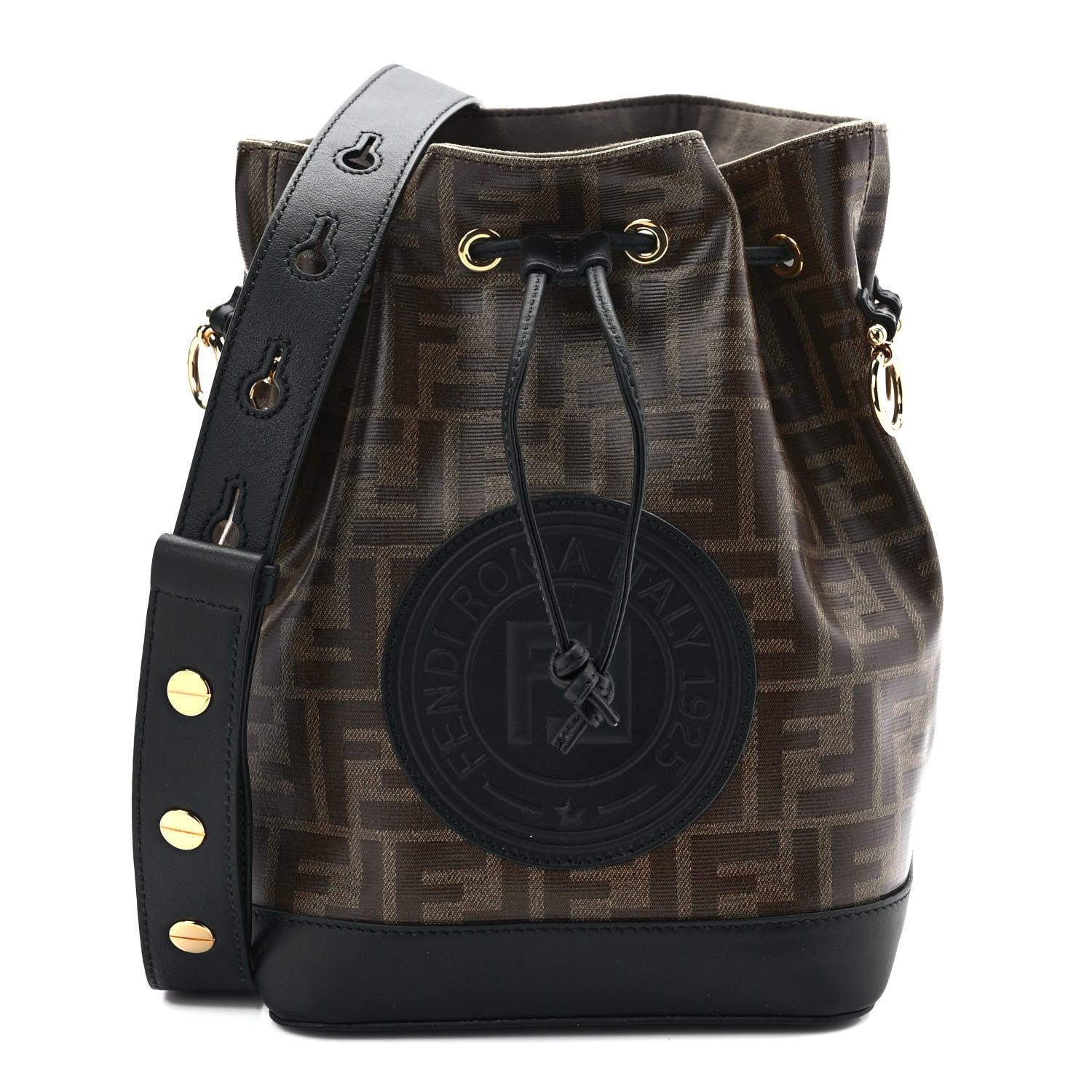 Fendi Glazed Fabric Vitello Grace F is Fendi FF 1974 Stamp Patch Grande Mon Tresor Bucket Bag Mogano Panna Black 1 of 9