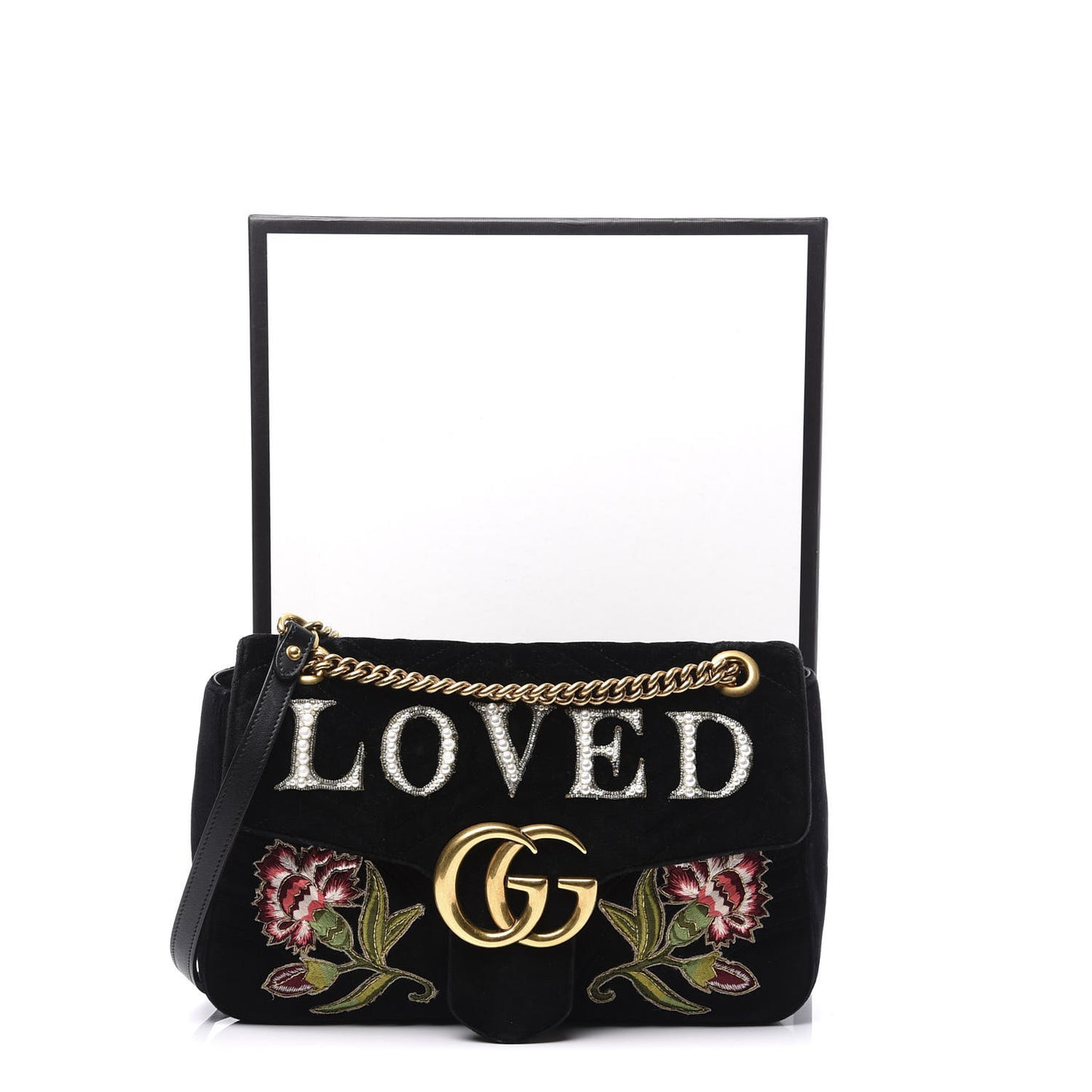 Velvet Matelasse Loved Embroidered Medium GG Marmont Shoulder Bag Black