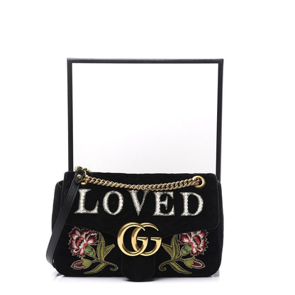Gucci Velvet Matelasse Loved Embroidered Medium GG Marmont Shoulder Bag Black 12 of 12
