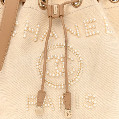 Chanel Canvas Pearl Deauville Drawstring Bucket Bag Ecru Beige 8 of 12