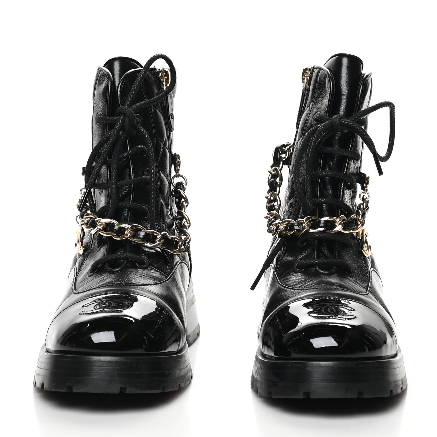 Shiny Calfskin Patent Quilted Chain Lace Up Combat Boots 38 Black