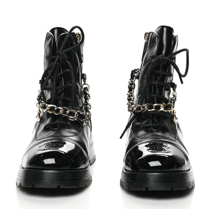 Chanel Shiny Calfskin Patent Quilted Chain Lace Up Combat Boots 38 Black 2 of 8