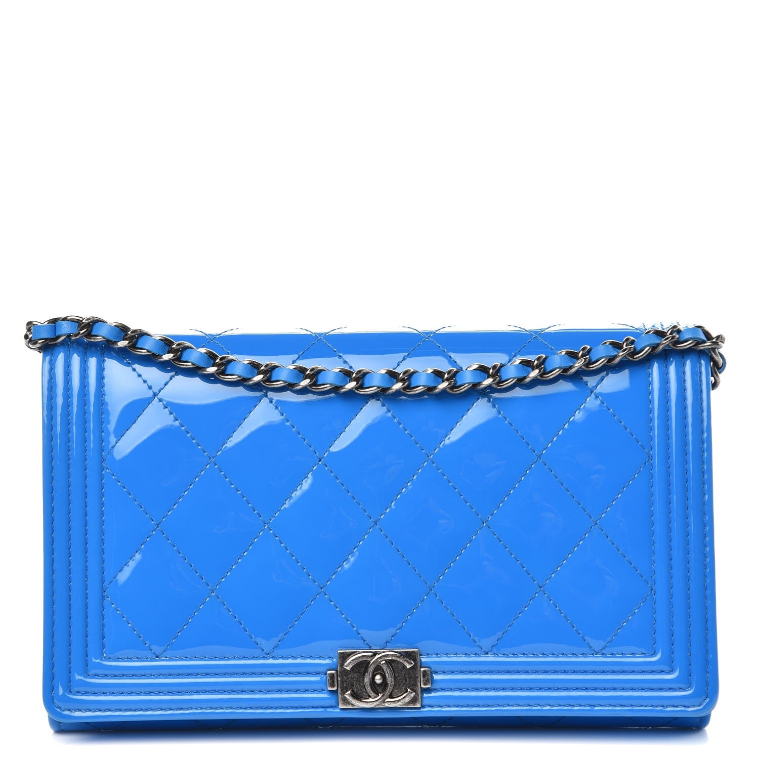 Chanel Patent Calfskin Quilted Boy Wallet On Removable Chain WOC Blue 1 of 8