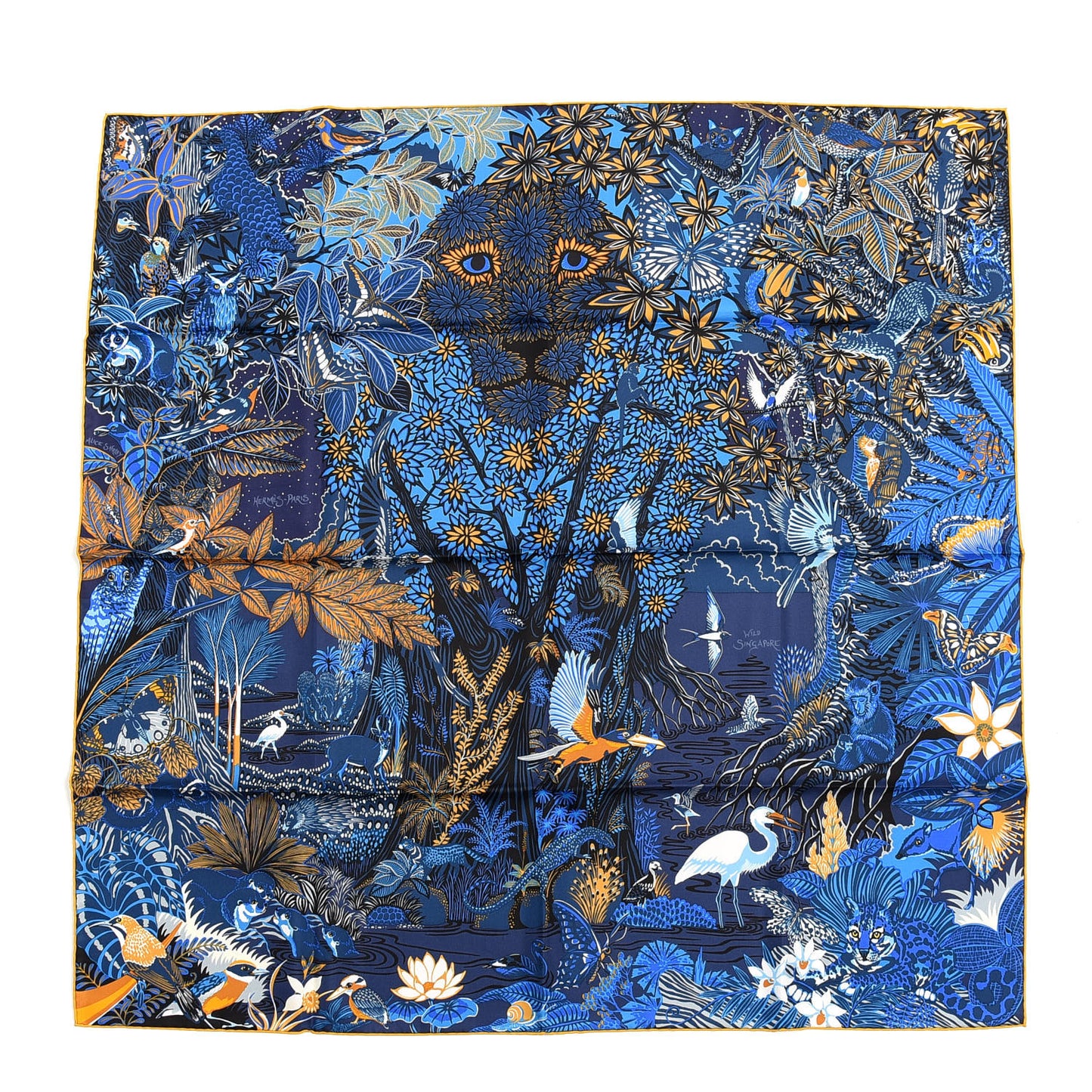 Silk Wild Singapore Scarf 90 Bleu Roy Gold Marine