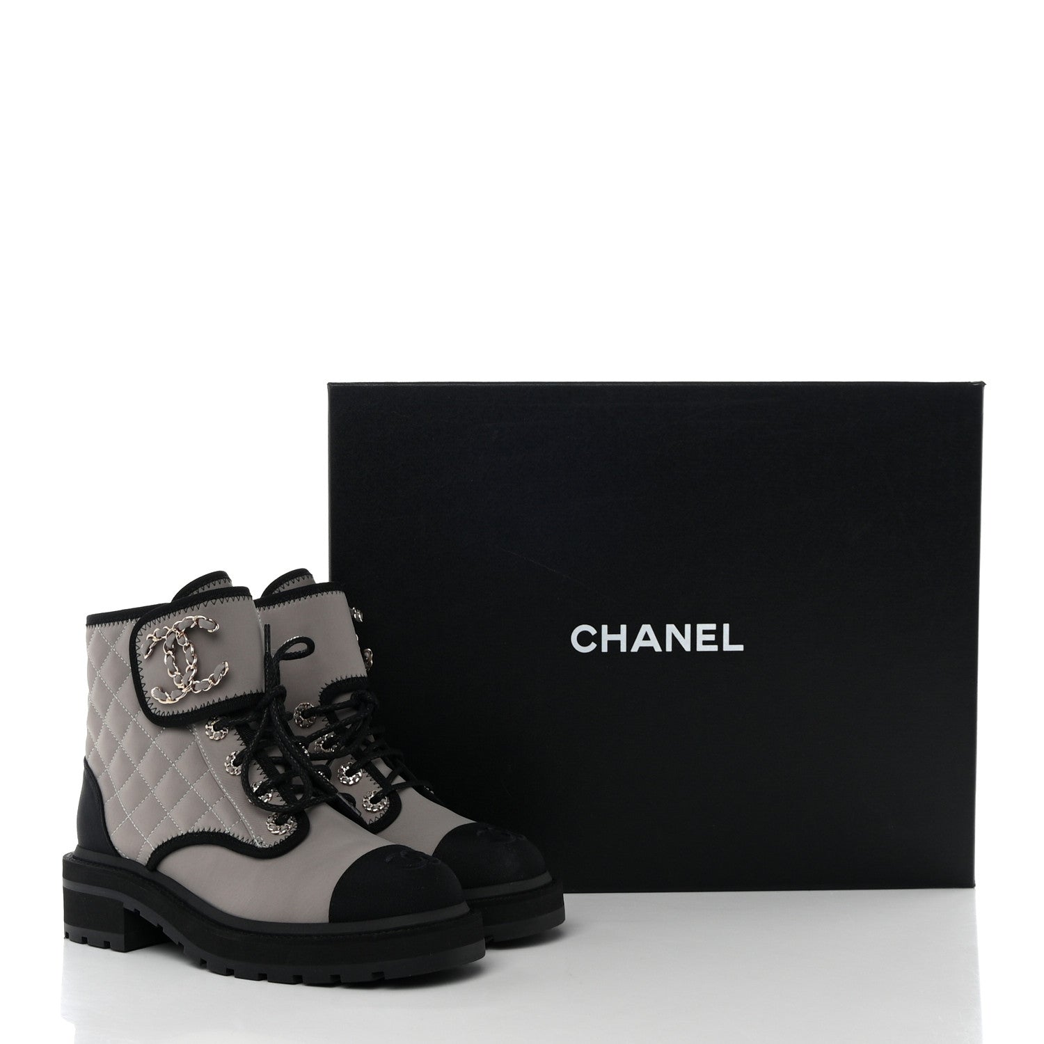 Chanel Fabric Grosgrain Quilted Cap Toe Lace Up Combat Boots 36 Gray 11 of 11