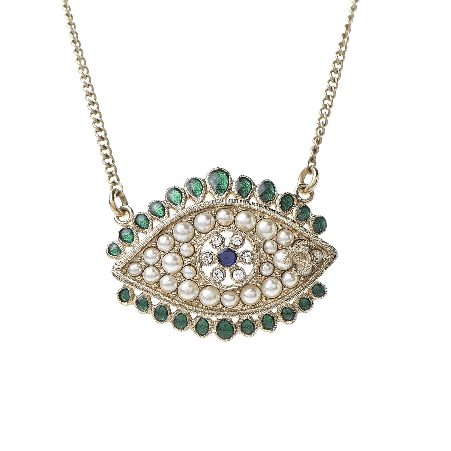 Resin Crystal Glass Pearl Eye Pendant Necklace Gold Multicolor